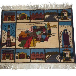 Oriental Beige Blue Handwoven 3x2 Afghan Map Tapestry 216KPSI 100% Wool Wall Rug